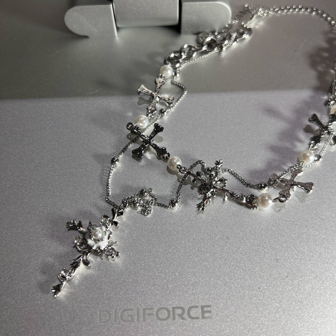 Pearl Cross Flower Layered Choker Necklace