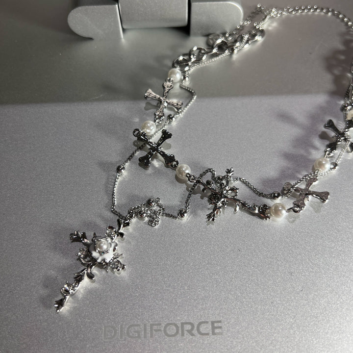 Pearl Cross Flower Layered Choker Necklace
