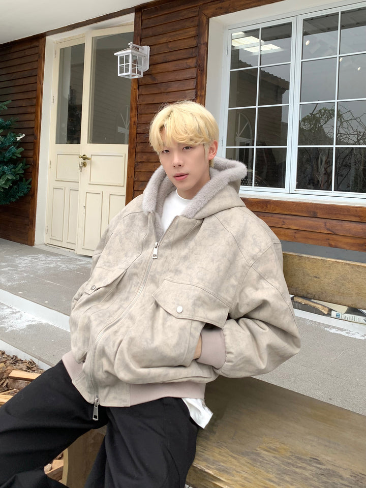 루즈 핏 보온 후드 면 재킷 