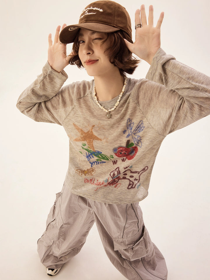 Retro Graffiti Chiffon Langarm-Turtleneck 