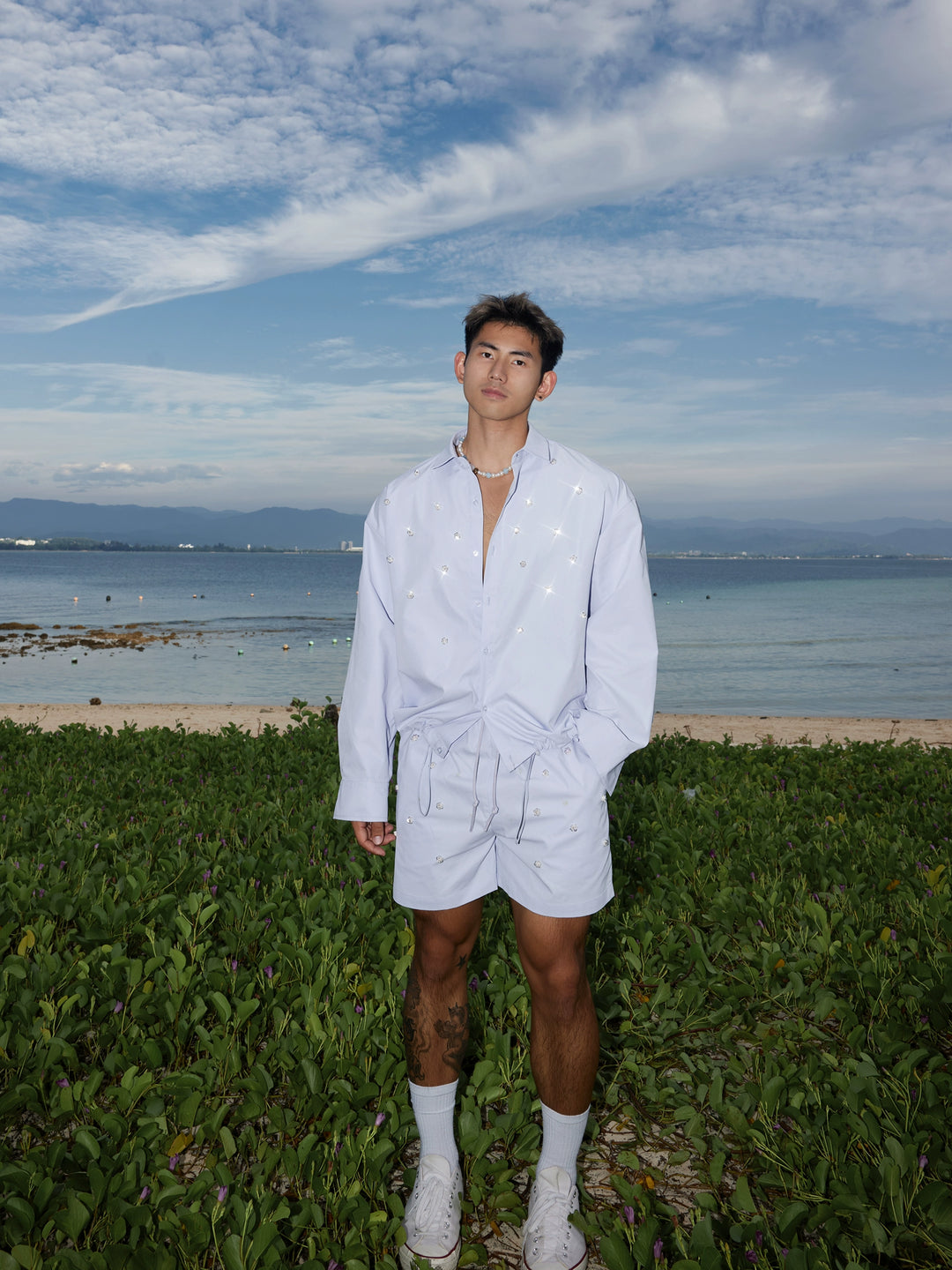 Solid Color Beaded Shirt and Shorts