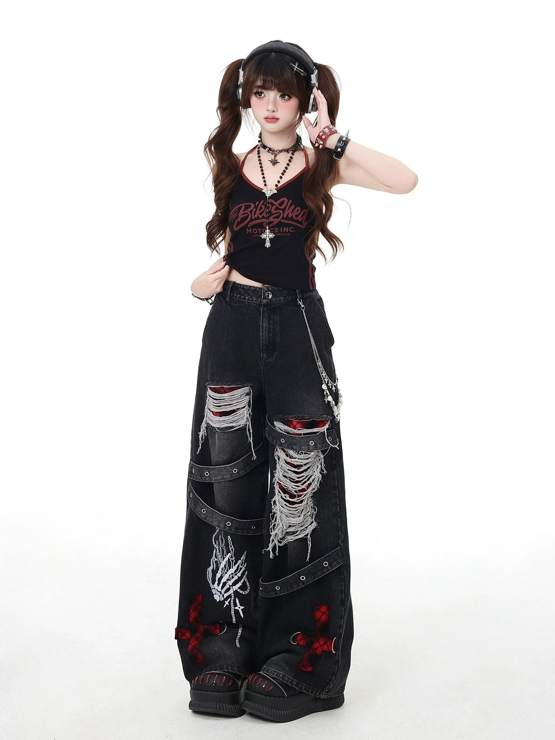 Punk Distressed Ripped Wide Leg Pants