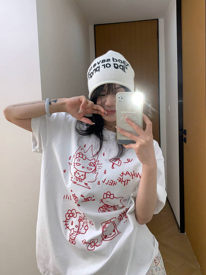 Cartoon Cat Graphic Loose Fit T-Shirt
