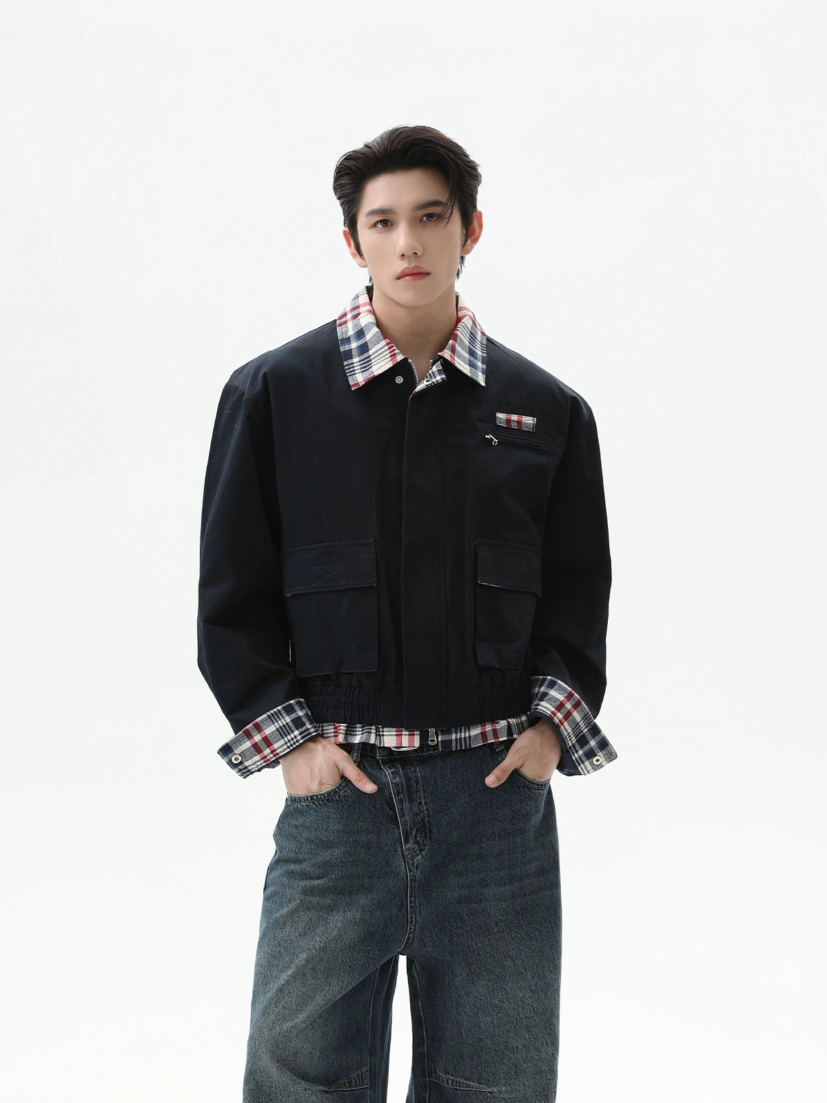 Plaid Patchwork Multi-pocket Work Jacket