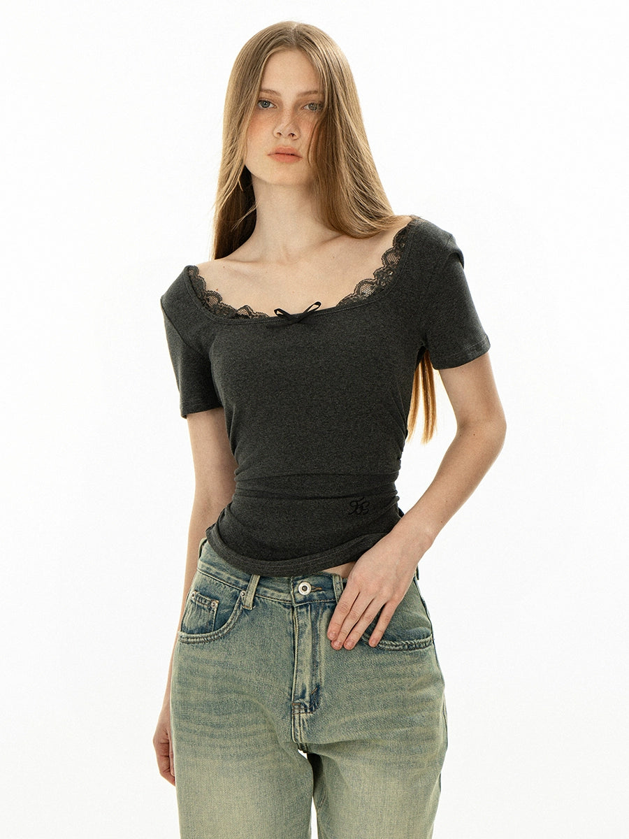 Lace Square Neck Short Sleeve Top