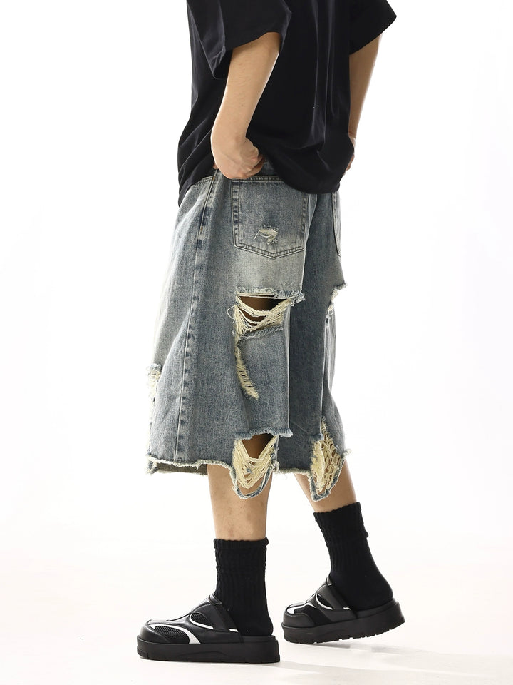 Ripped Denim Wide-Leg Cropped Shorts