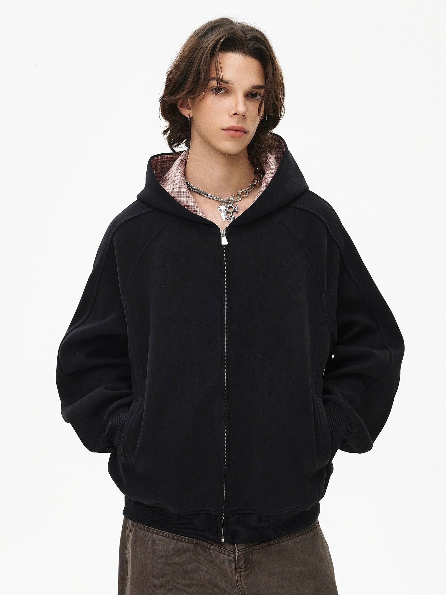 Plaid Lined Zip Up Hooded Sweatshirt