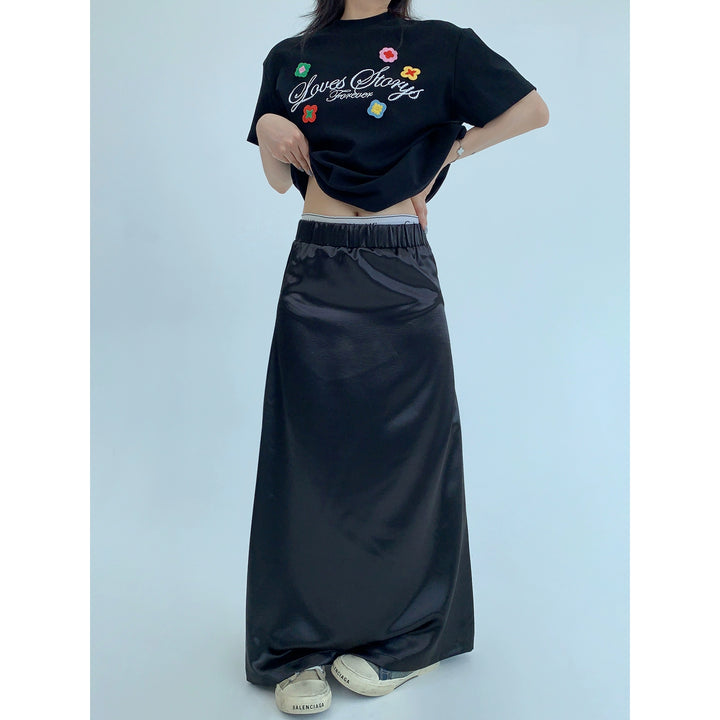 エラスティックウエスト付きサテンマキシストレートスカート 
