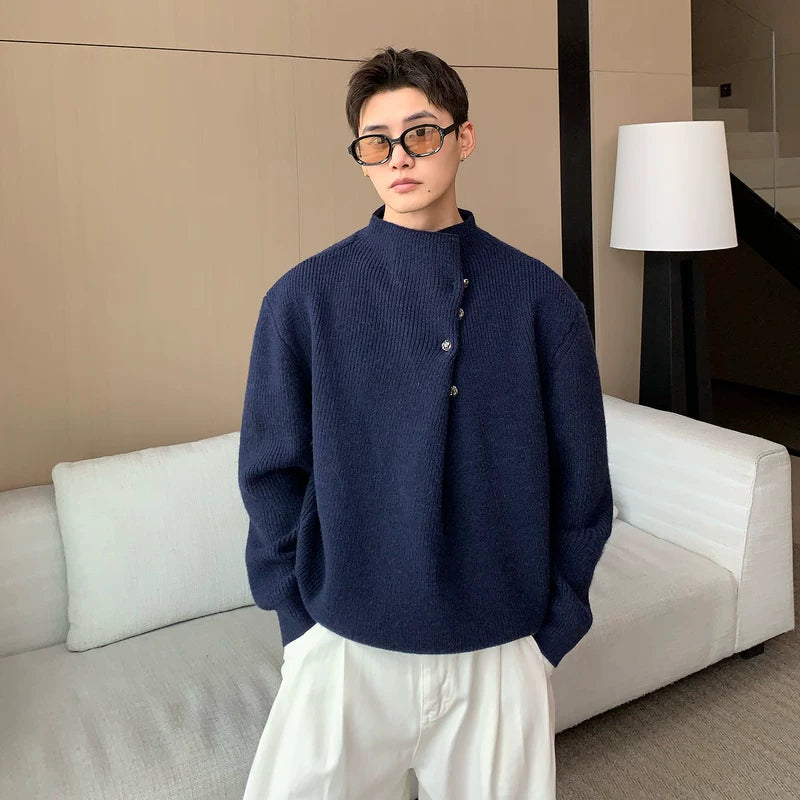 Irregular Pleated Diagonal Button Sweater