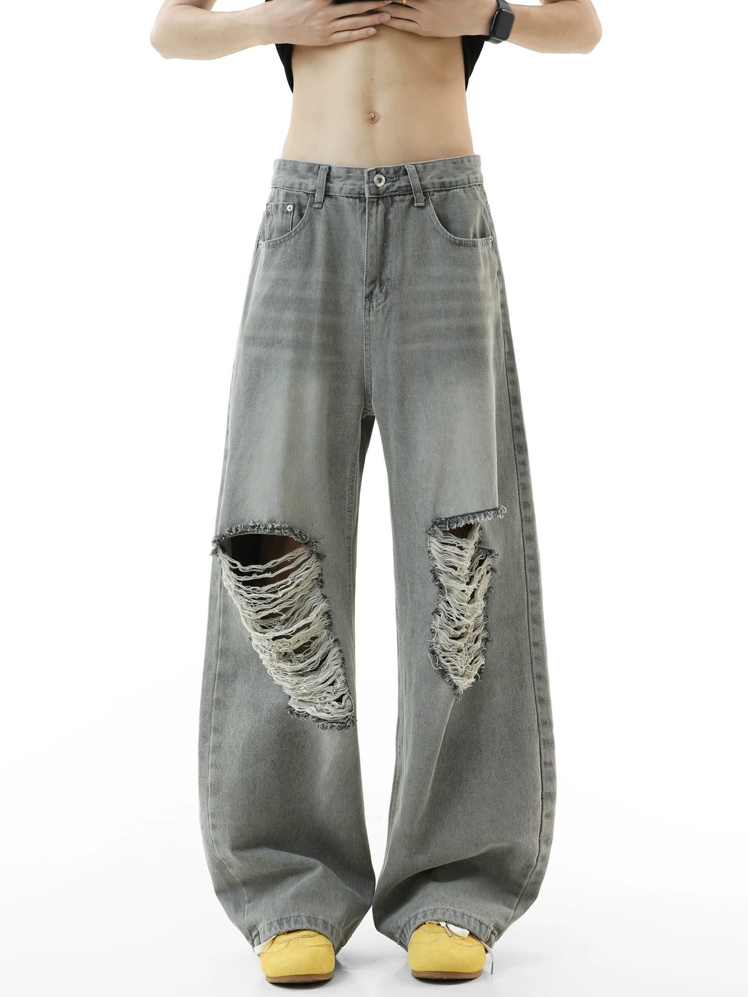 Ripped Washed Wide-Leg Straight Pants