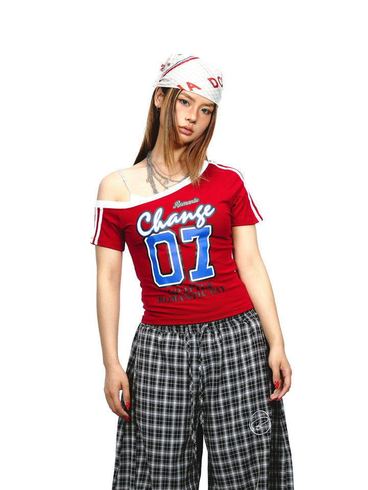 Oblique Shoulder Letter Print Slim Top