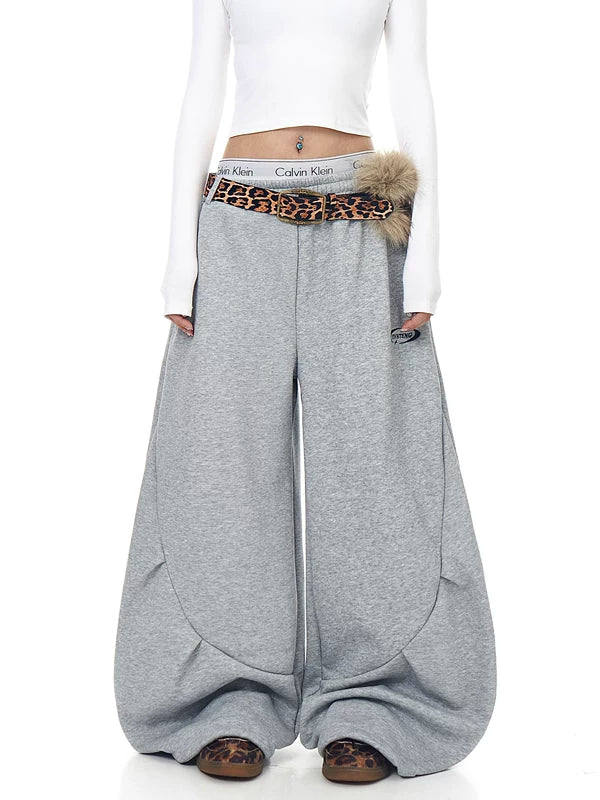 Pantalones de forro polar de pierna ancha con cinturón de piel de leopardo 