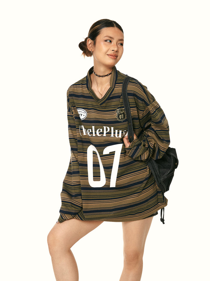 V-Neck Striped Jersey Turtleneck Top