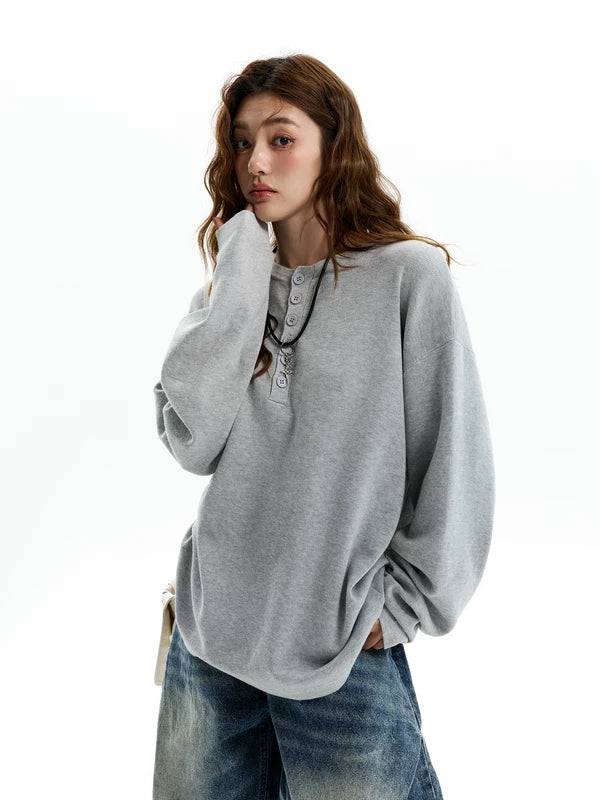 Sudadera de manga larga Henley de mezcla de lana 