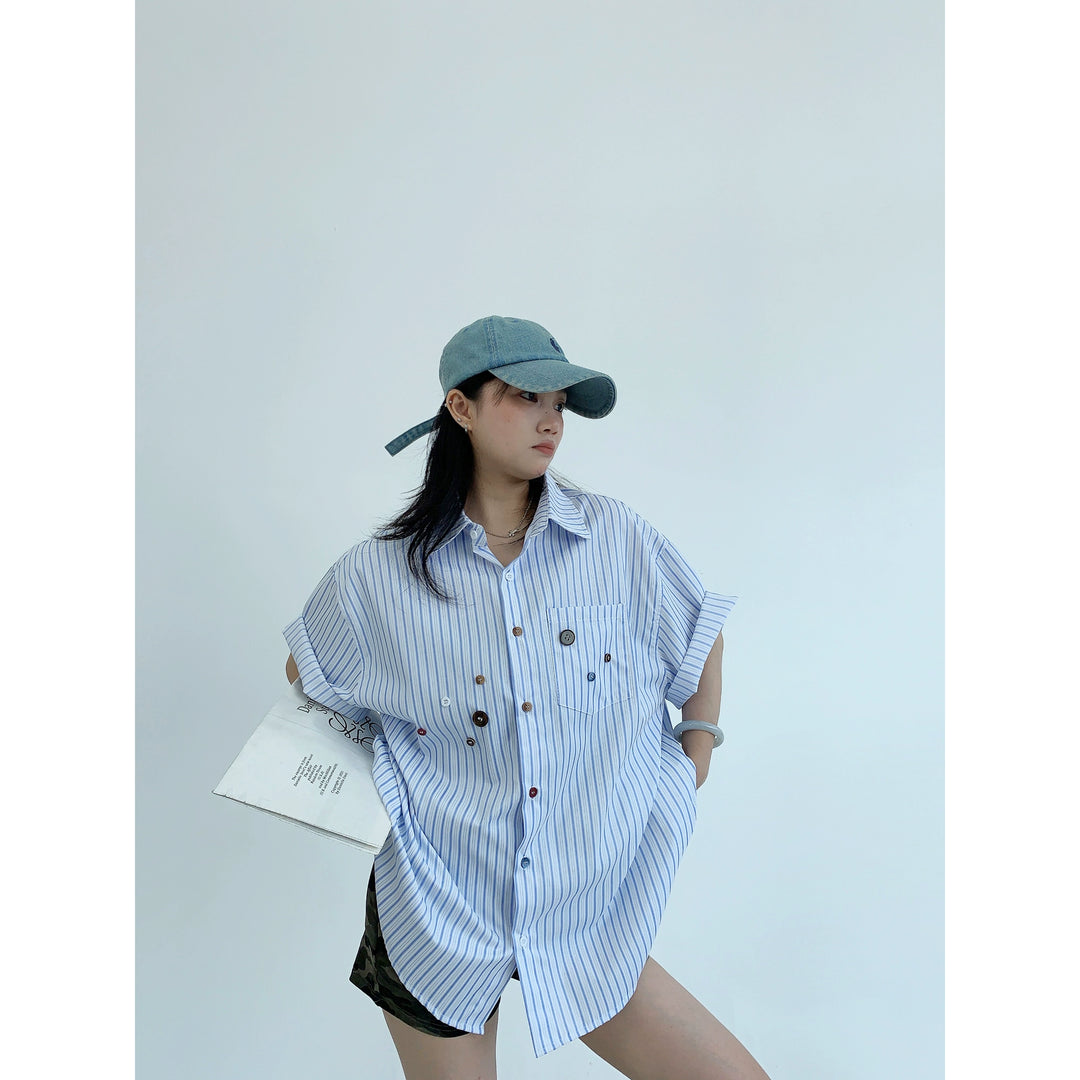 Striped Loose Multi-Button Short Sleeve Shirt
