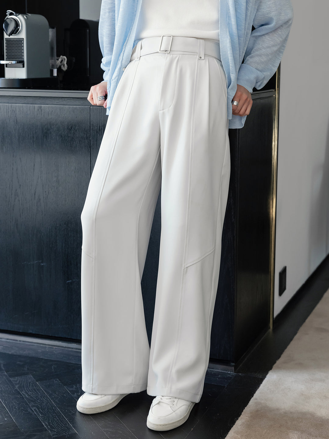 Pantalons à jambes larges avec ceinture, résistants aux plis 