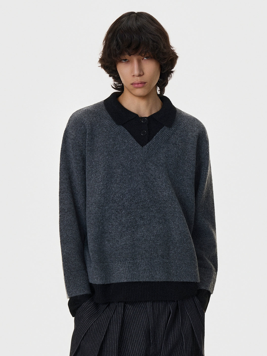 Layered Lapel Trim V-Neck Sweater
