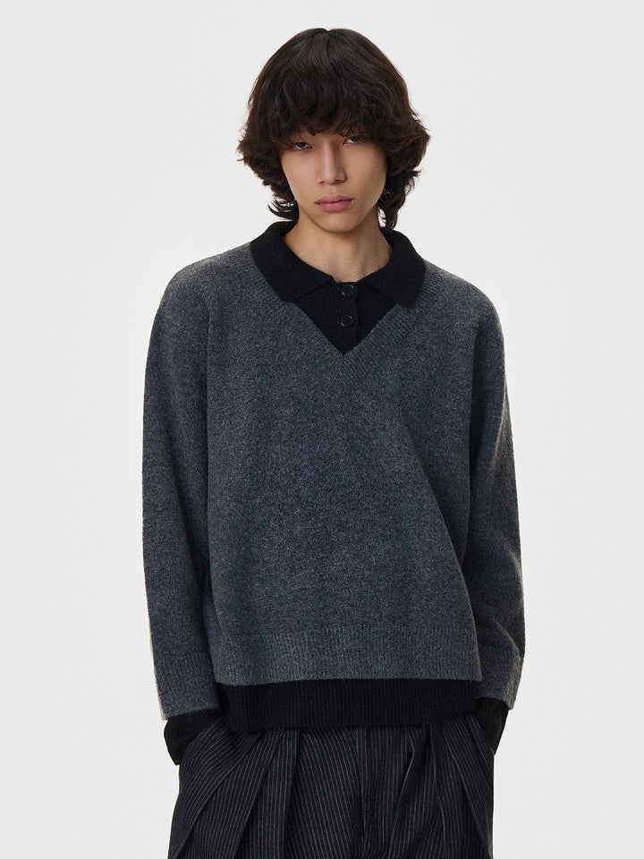Layered Lapel Trim V-Neck Sweater