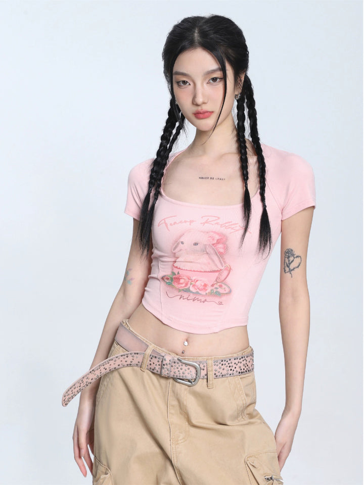 Rabbit Print Crop Short Sleeve Turtleneck