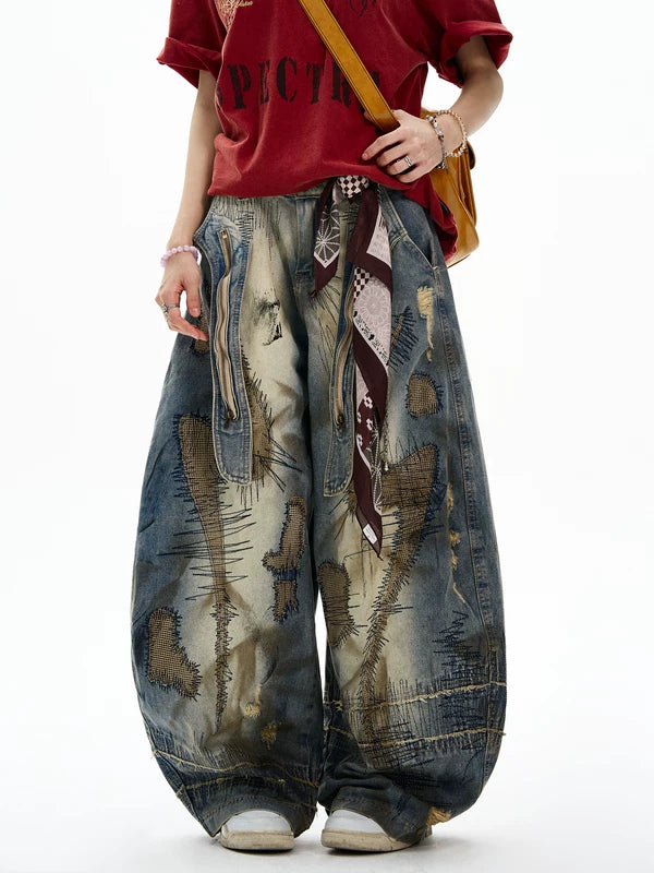디스트레스 패치워크 와이드 레그 데님 팬츠 