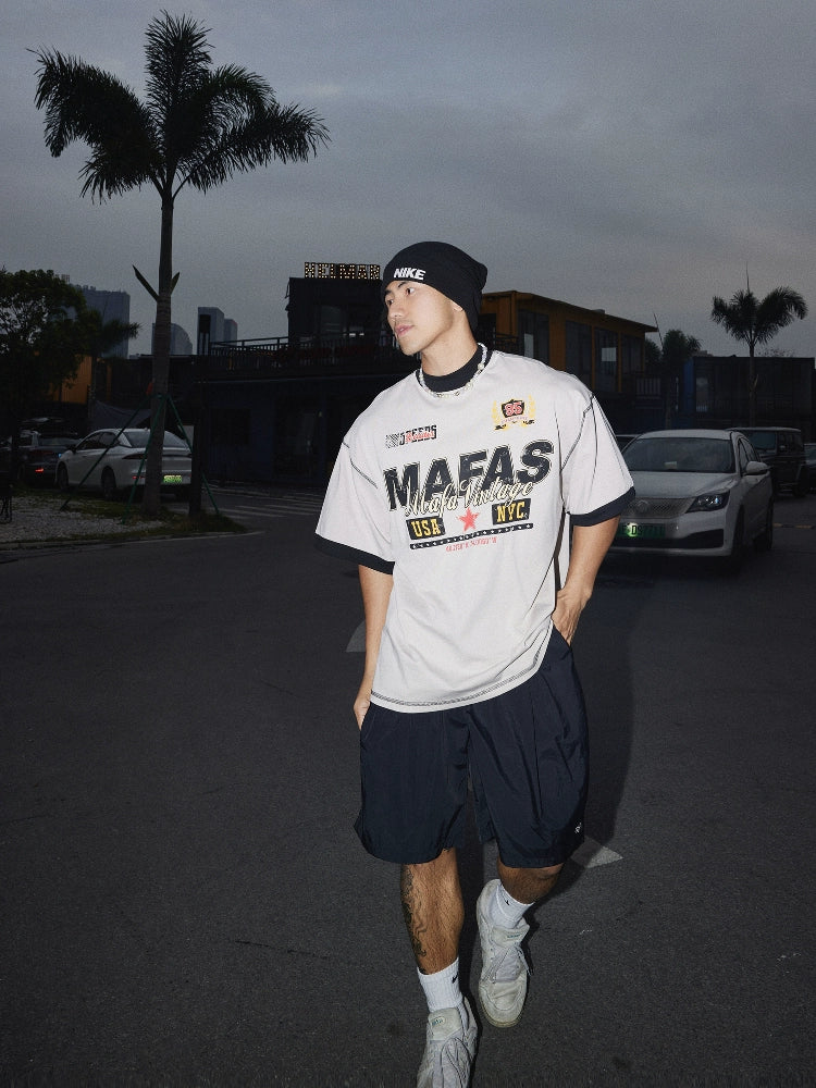 Retro Letter Print Short Sleeve Pullover