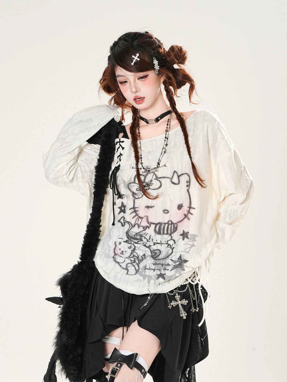 Off-Shoulder Strick-Kitty-Grafik-Shirt 