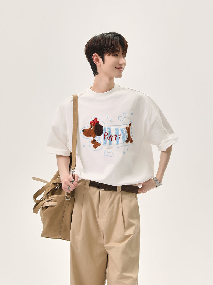 Cartoon Puppy Embroidered Short Sleeve T-shirt