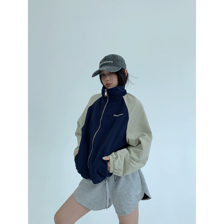 Embroidered Contrast Color Zip Jacket