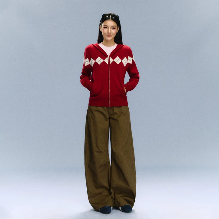 Argyle Zip Up Knit Hooded Sweater