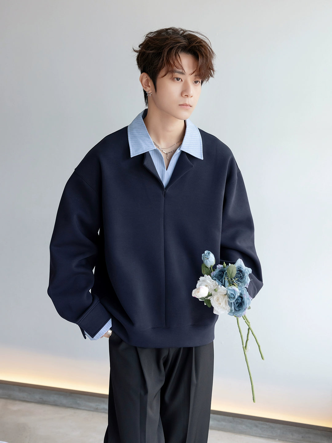Double V-Neck Polo Sweatshirt Top