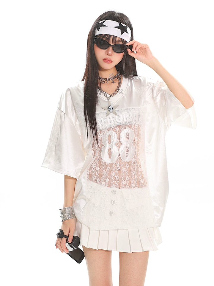 Lace Panel Loose Fit Short Sleeve Top