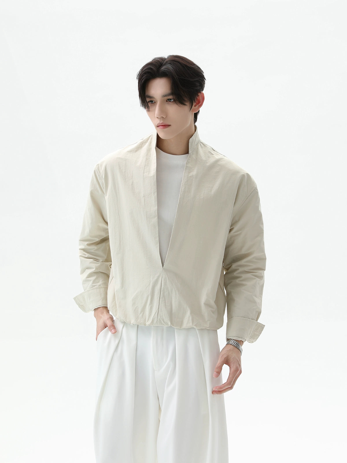 Cotton Deep V Stand Collar Shirt