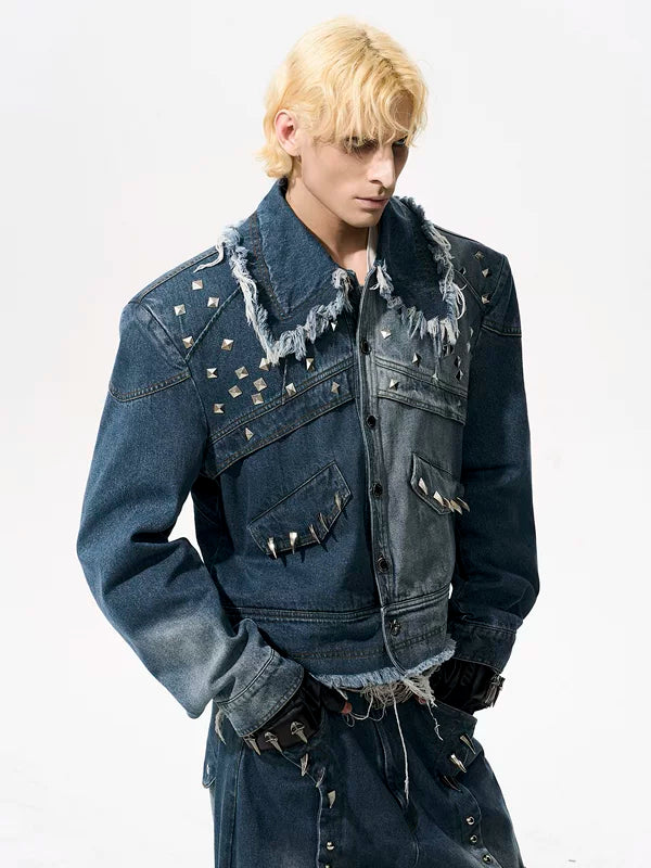 Metal Rivets Distressed Denim Jacket