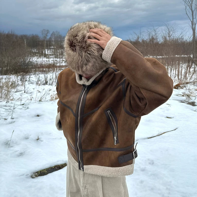 가짜 양모 털 안감 스탠드 칼라 자켓 