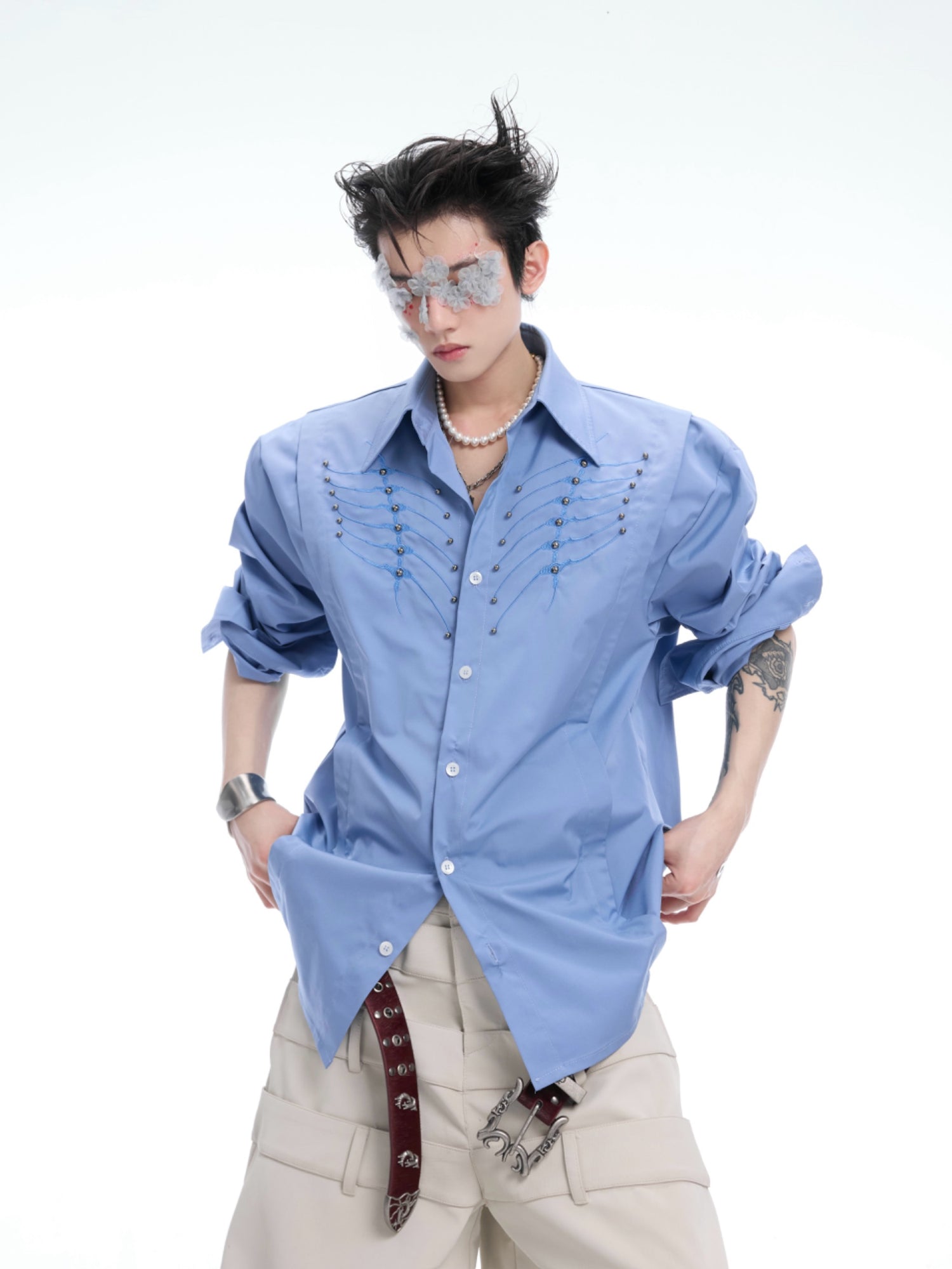 Embroidered Rivet Spine Long Sleeve Shirt