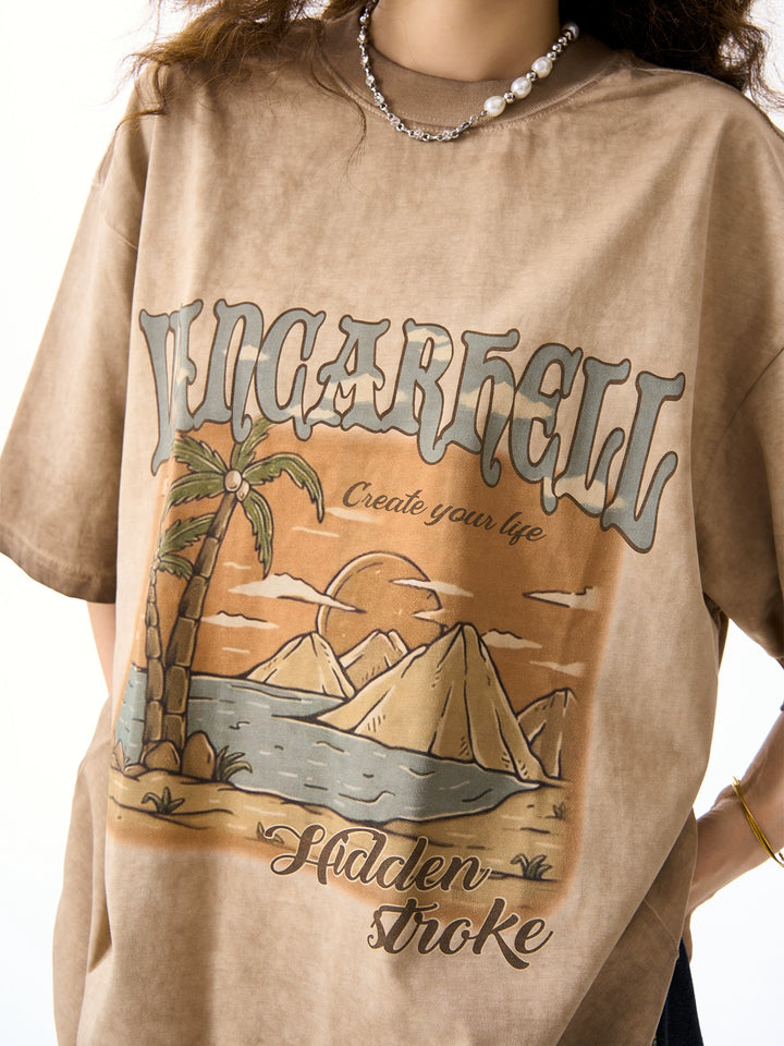 T-shirt surdimensionné avec impression de paysage en détresse 