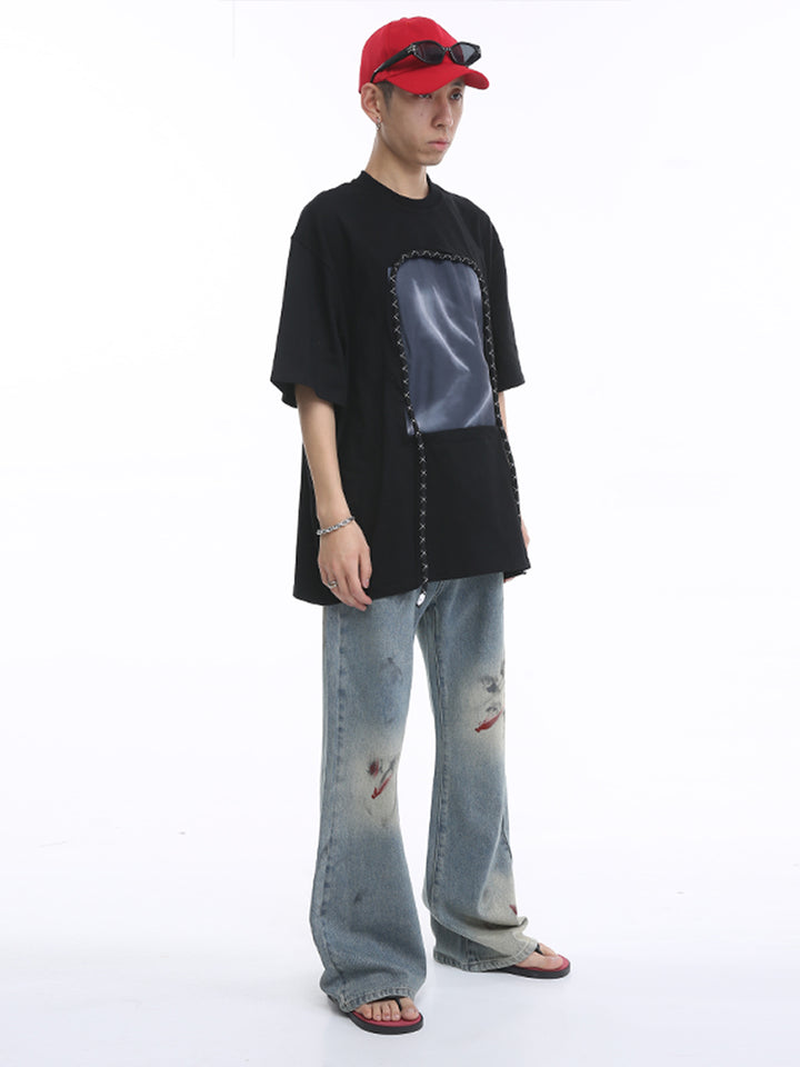 Ink-Splashed Flared Mid-Waist Pants
