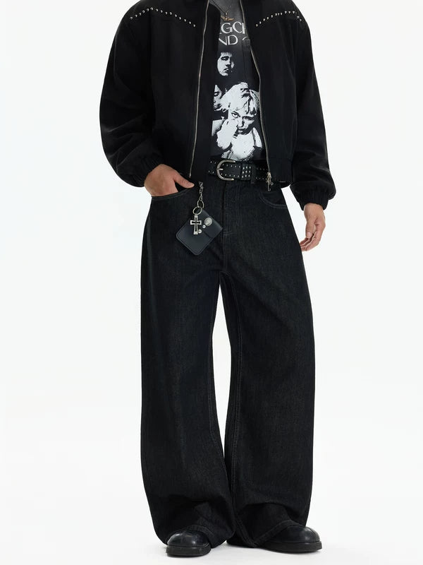 Pantaloni in denim grezzo baggy a gamba larga 