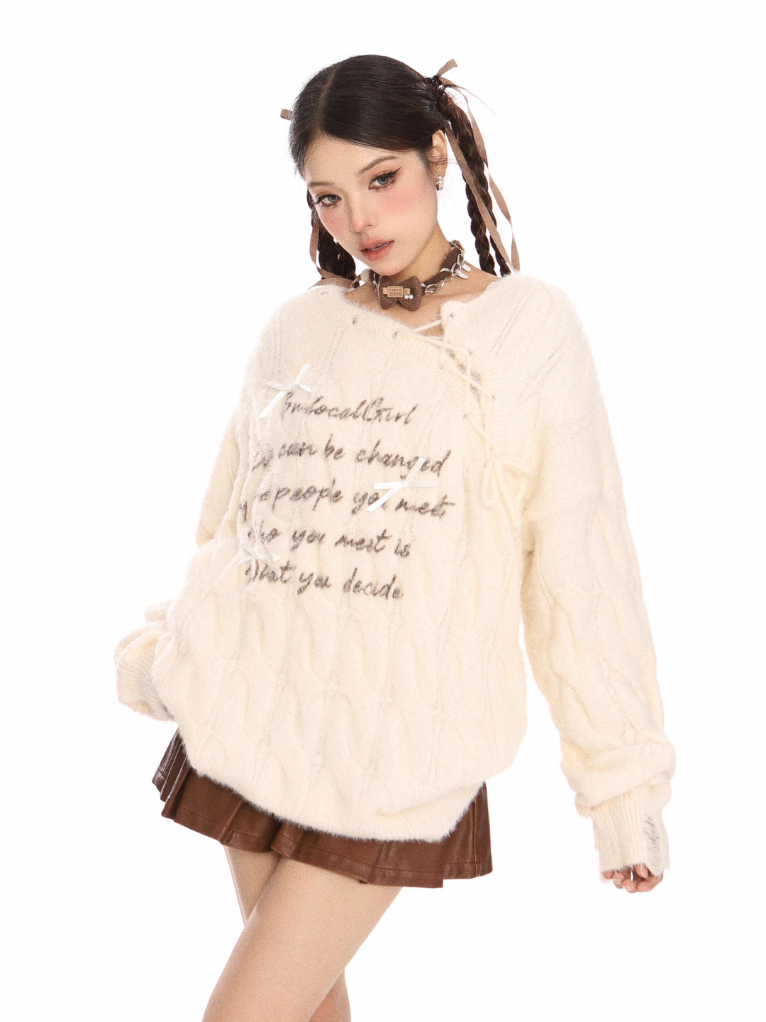 Koreansk stil brev mohair spets tröja 