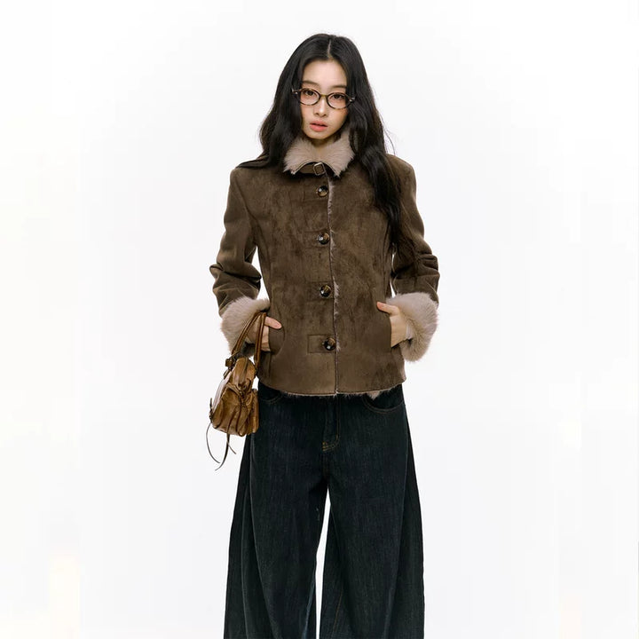 Slim Fit Fur-Lined Plush Button Coat