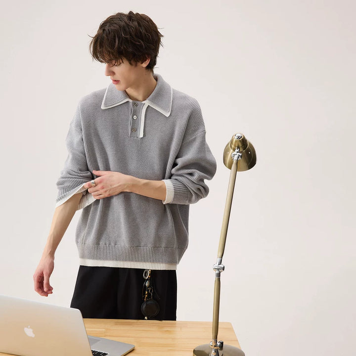 Double Collar Knit Pullover Sweater