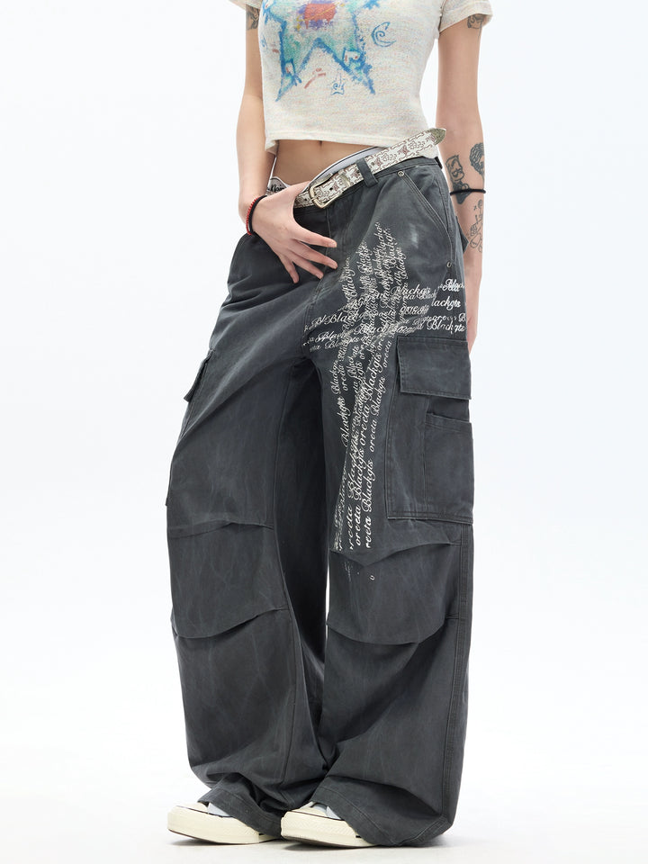 Letter Print Washed Cargo Pants