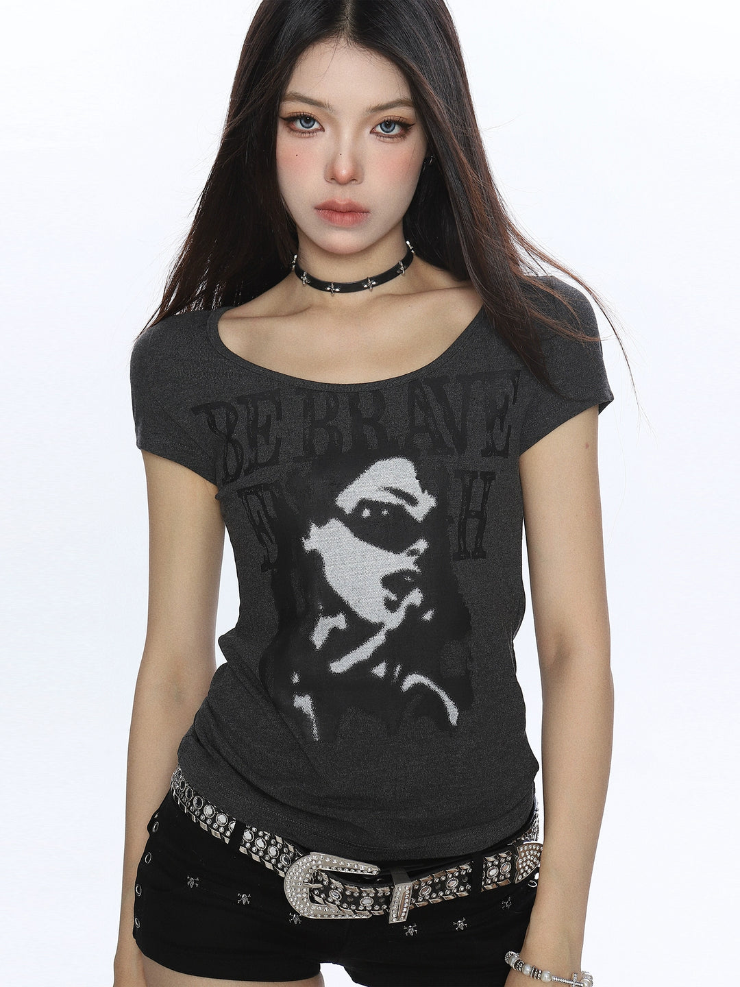 Porträtttryck Slim Fit Kort T-Shirt 