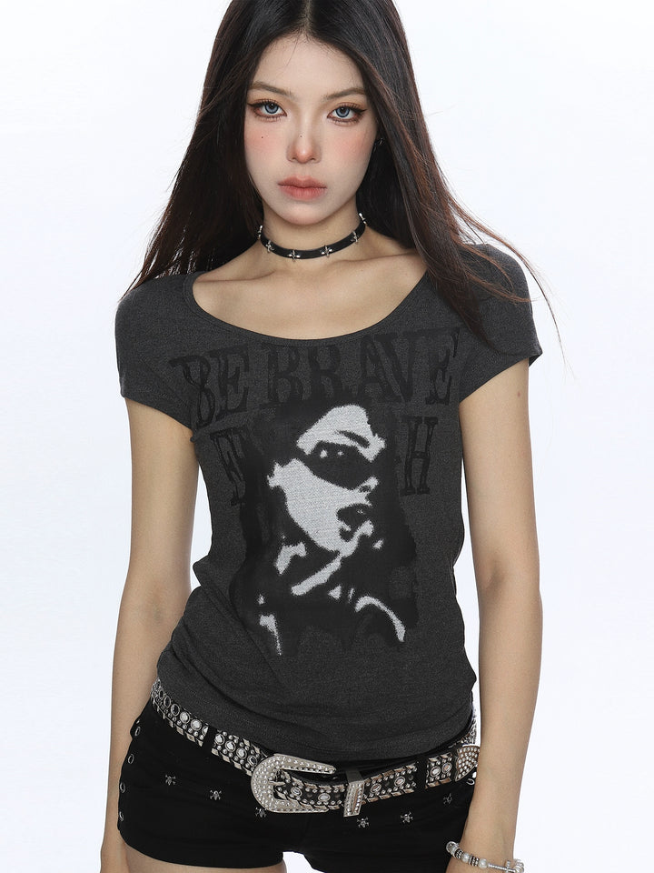 Porträtttryck Slim Fit Kort T-Shirt 