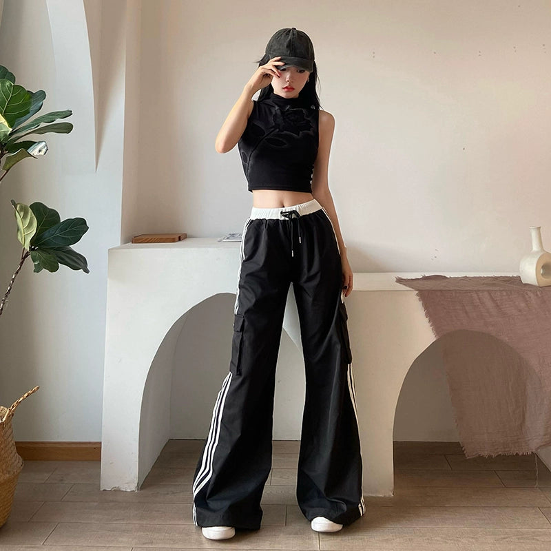 Striped Wide Leg Drawstring Cargo Pants