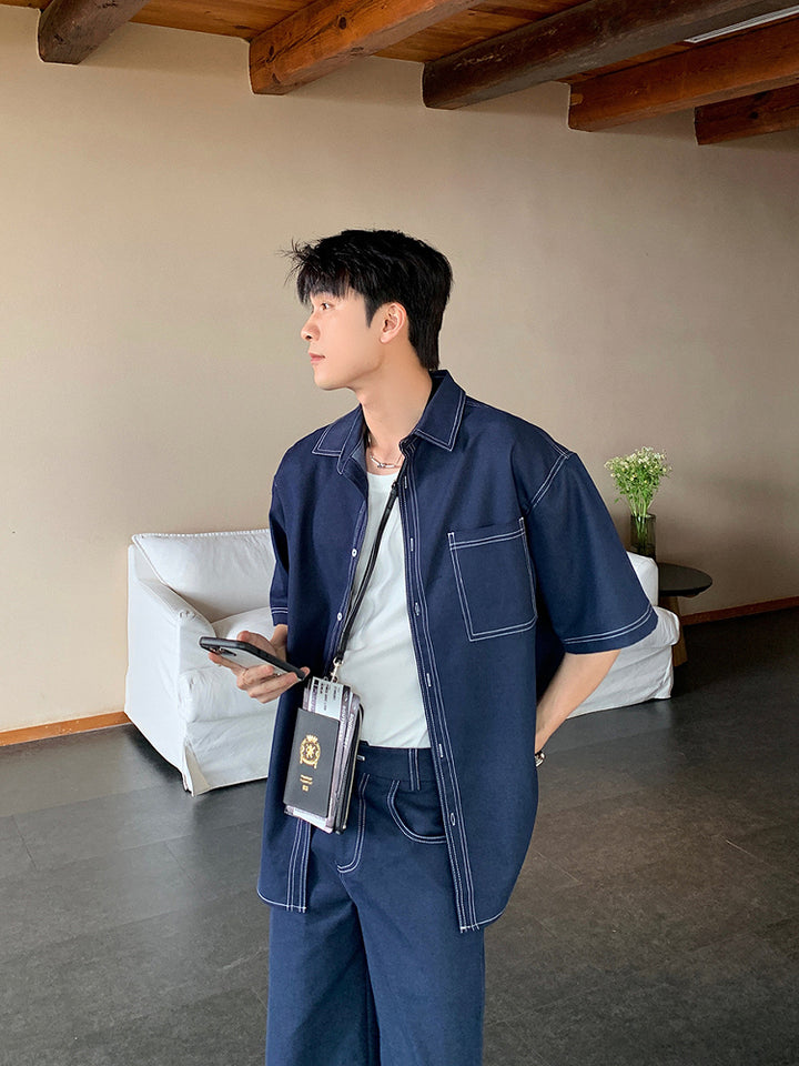 데님 반팔 셔츠와 바지 세트 