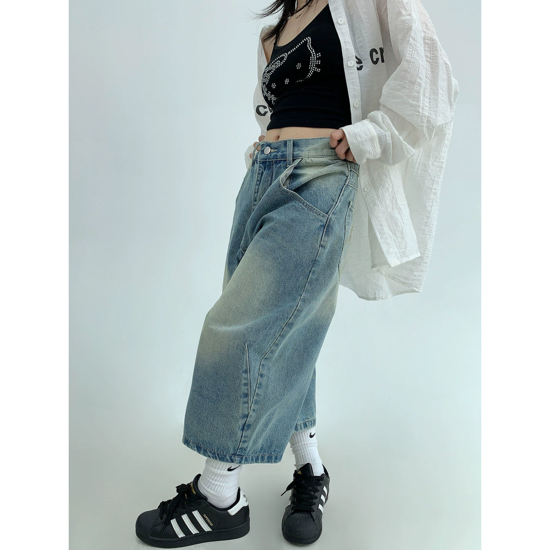 Retro Loose Wide-Leg Cropped Jeans