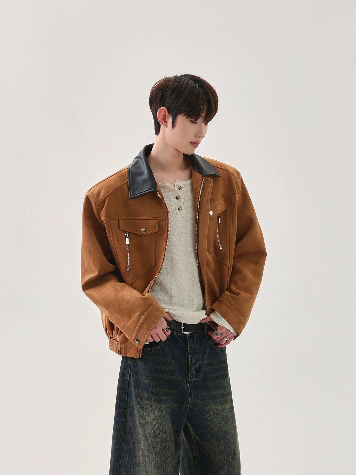 جاكيت ريترو مزيج من جلد PU والصوف 