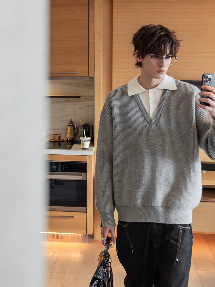 Lapel V-Neck Knit Sweater