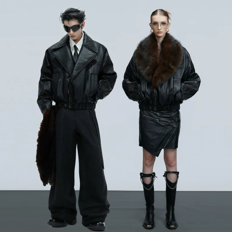 Detachable Fur Collar Leather Jacket